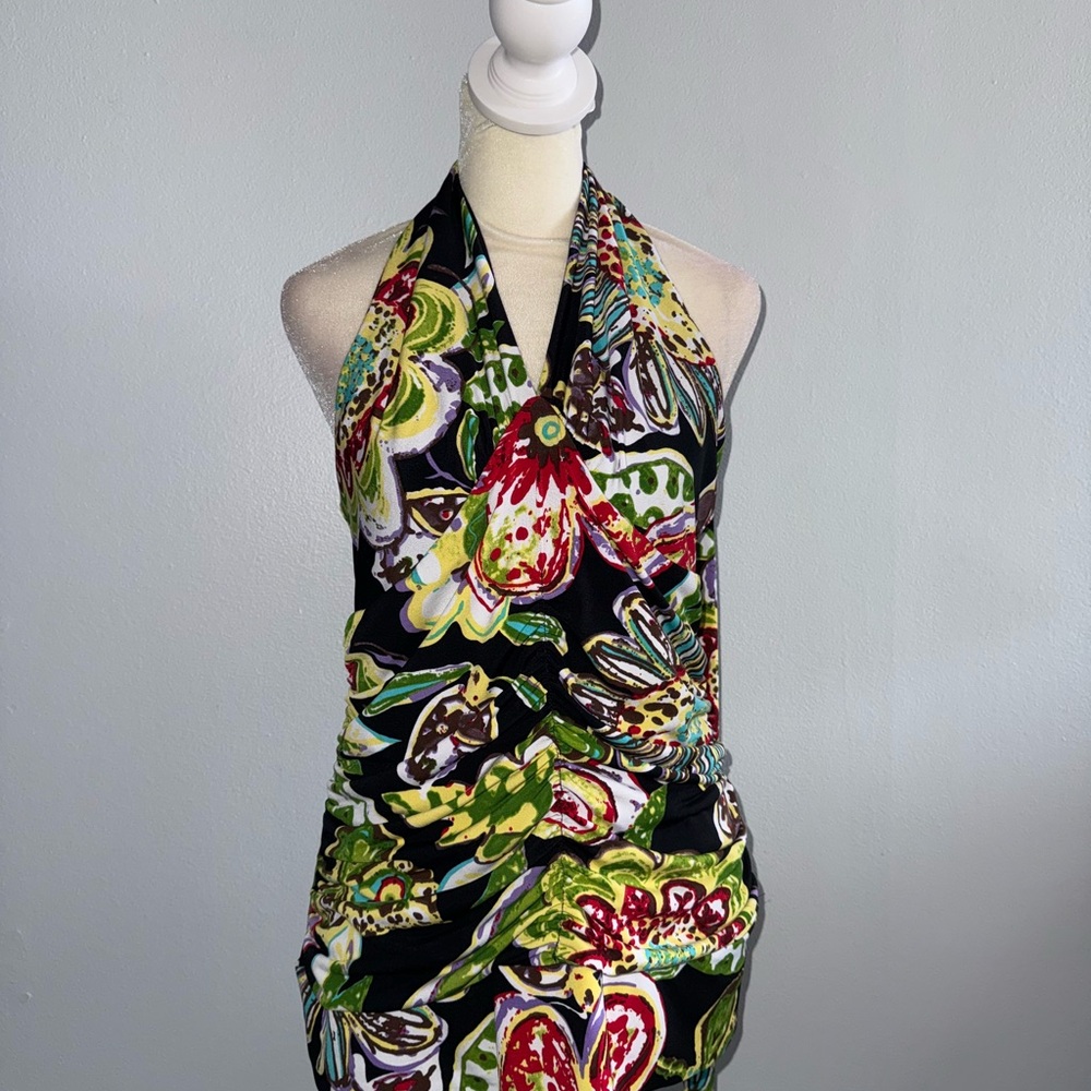 Bisou Bisou Black Dress with Green & Red Floral Print